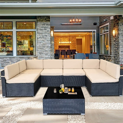7 Piece Rattan Sectional Sofa Set, Outdoor Conversation Set, All-Weather Wicker Sectional Seating Group with Cushions & Coffee Table, Morden Furniture Couch Set for Patio Deck Garden Pool, K2774