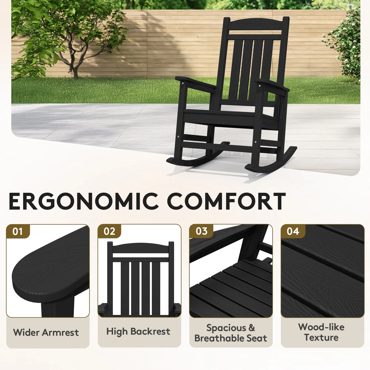 KINGYES HDPE Outdoor Rocking Chairs Set of 2,HDPE Patio Rocker for Porch,Black