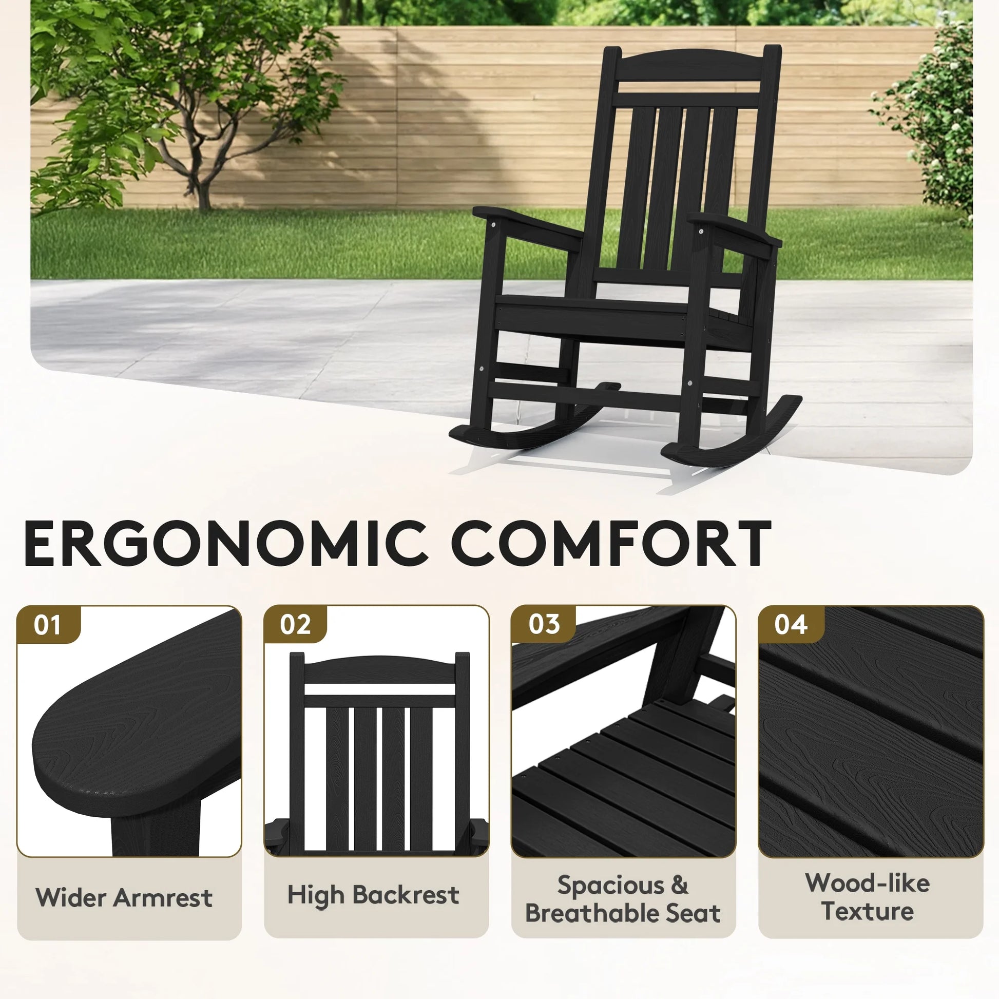 KINGYES HDPE Outdoor Rocking Chairs Set of 2,HDPE Patio Rocker for Porch,Black