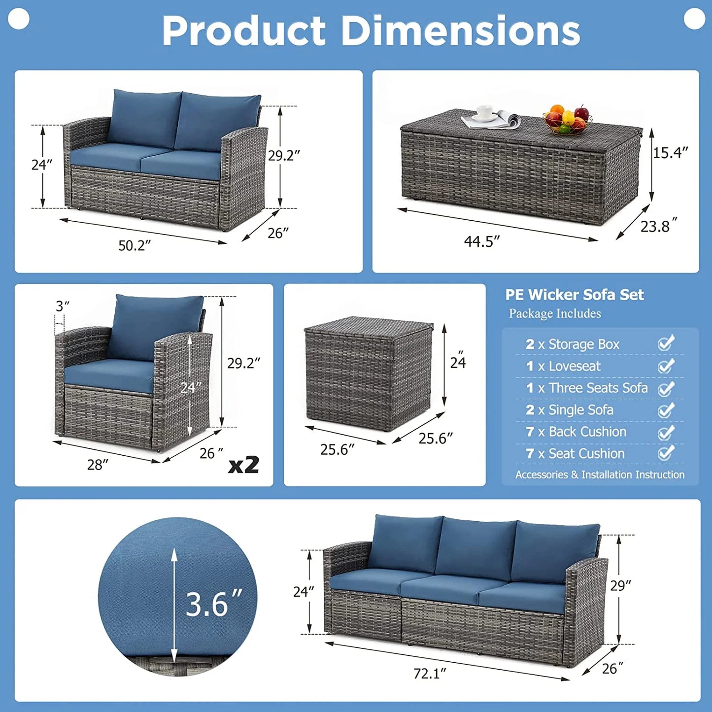 AECOJOY 7 Pieces Outdoor Furniture Set with Two Storage Boxes, Rattan Wicker Sectional Sofa Couch Patio Conversation Set, Dark Blue