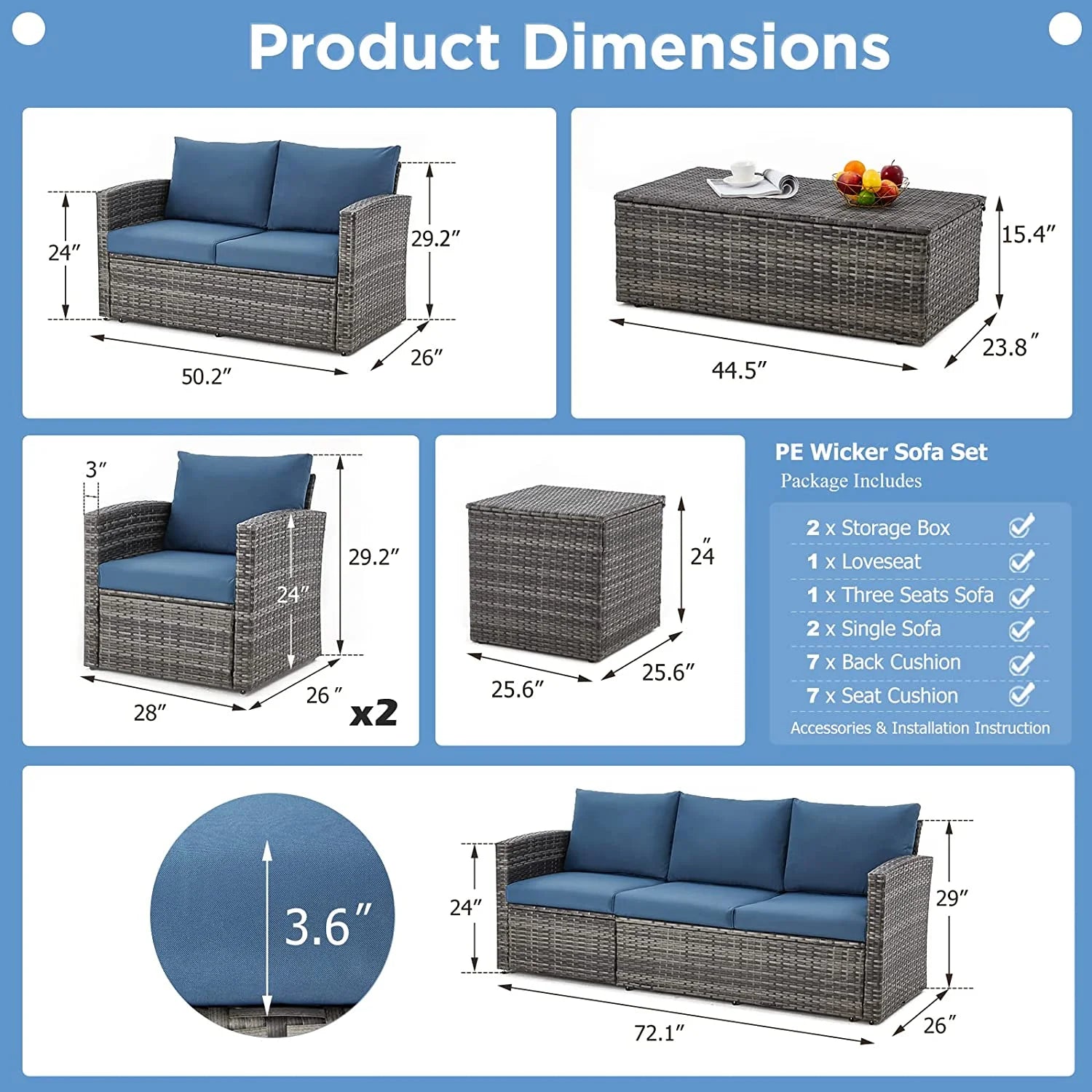 AECOJOY 7 Pieces Outdoor Furniture Set with Two Storage Boxes, Rattan Wicker Sectional Sofa Couch Patio Conversation Set, Dark Blue