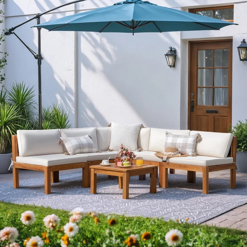 Patio prestige 7 Pieces Acacia Wood Patio Conversation Set Rope Woven Outdoor Sectional Sofa with Table and Cream Cushions