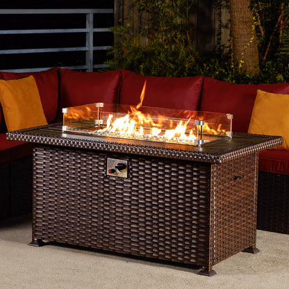 HOMREST Propane Fire Pit Table, 44 Inch 50,000 BTU Auto-Ignition Gas Fire Pit Table Rectangular/w Glass Wind Guard, Wood Plastic Composites Tabletop, CSA Certification Firepit for Outdoor Patio Lawn
