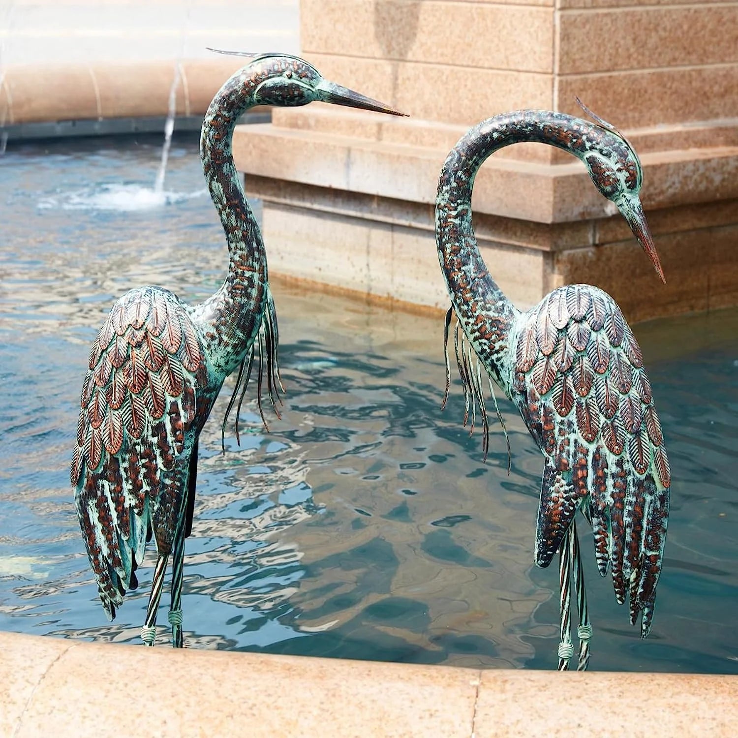 Garden Crane Statues, Standing Metal Patina Heron Decoy Outdoor Statue, 42-46 Inch Bird Yard Art for Patio Lawn Pond, Set of 2