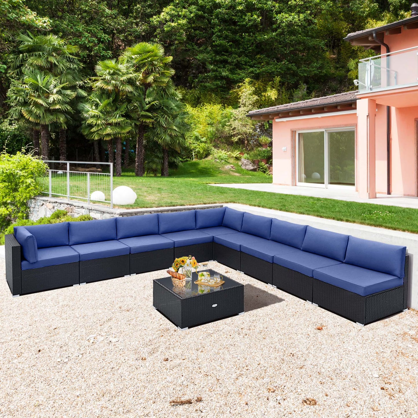 Costway 10 PCS Patio Rattan Furniture Set Outdoor Wicker Sofa Table Cushioned Seat Beige