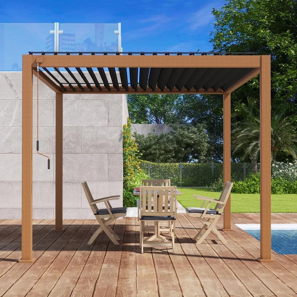 Mirador 10'x 10' 111S Outdoor Aluminum Pergola w/Adjustable Rainproof Louver for Garden, Patio, Backyard, Takasho/Wood Grain