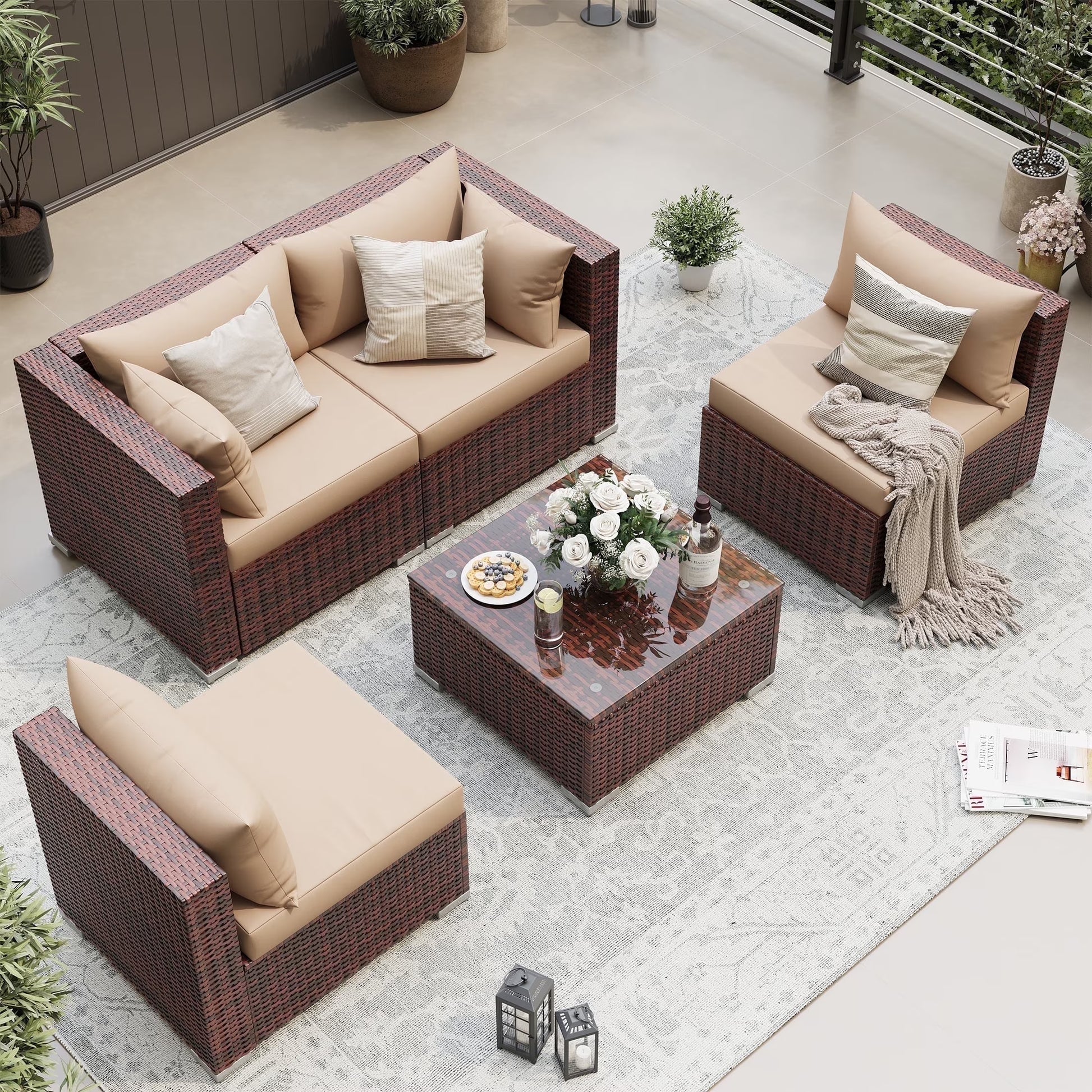 UDPATIO Patio Furniture Sets, Modular Rattan Outdoor Patio Sectional Furniture Sofa Set, Wicker Patio Conversation Set for Backyard,5PCS