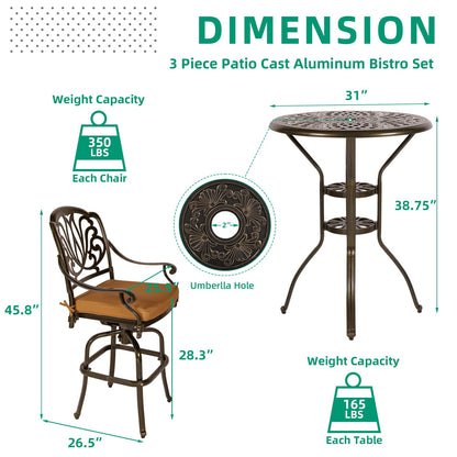 VIVIJASON 30.8" Round Cast Aluminum Patio Bar Table with Umbrella Hole, Antique Bronze