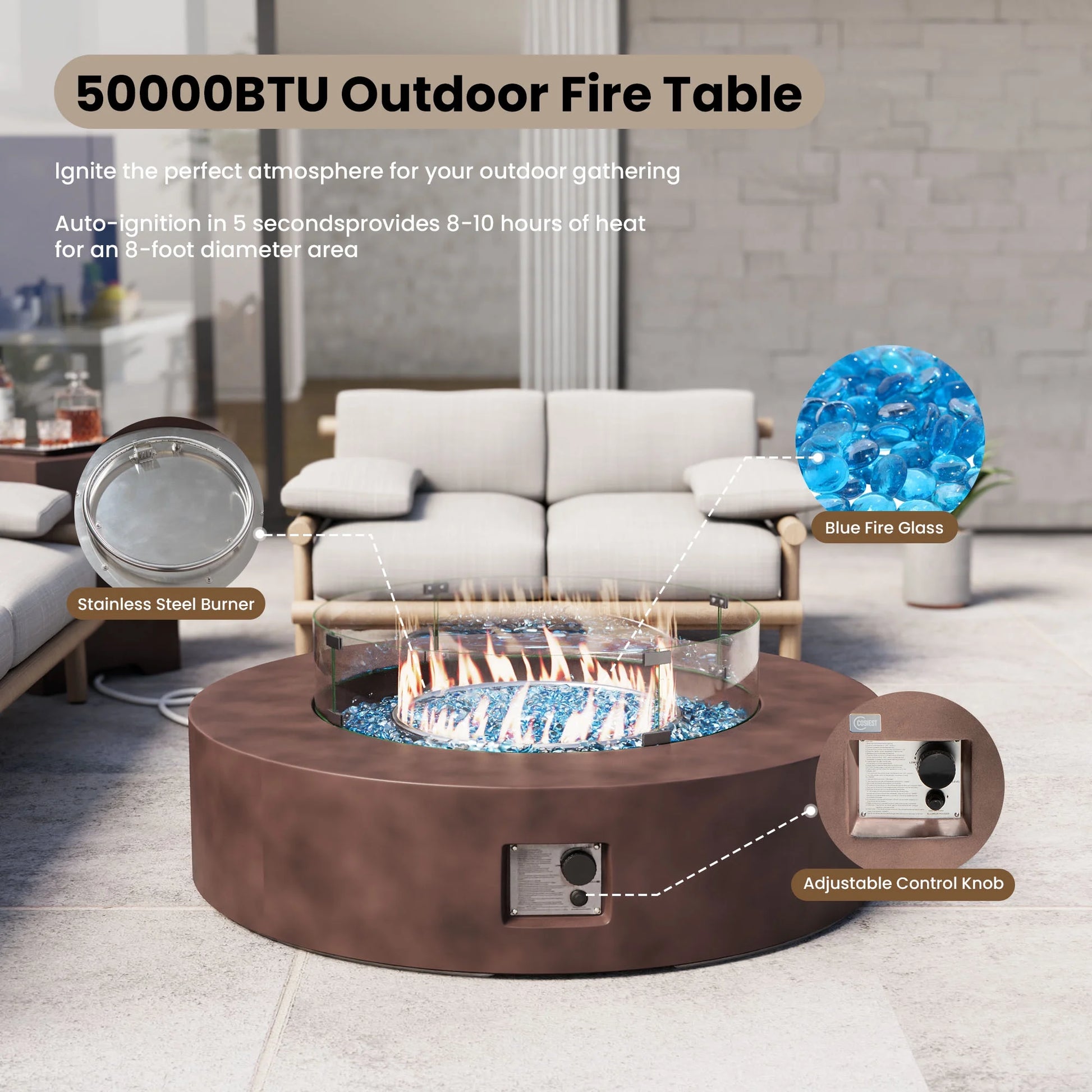 COSIEST 41''Round Fire Pit Table,50000 BTU Outdoor Propane Patio Fire Pit