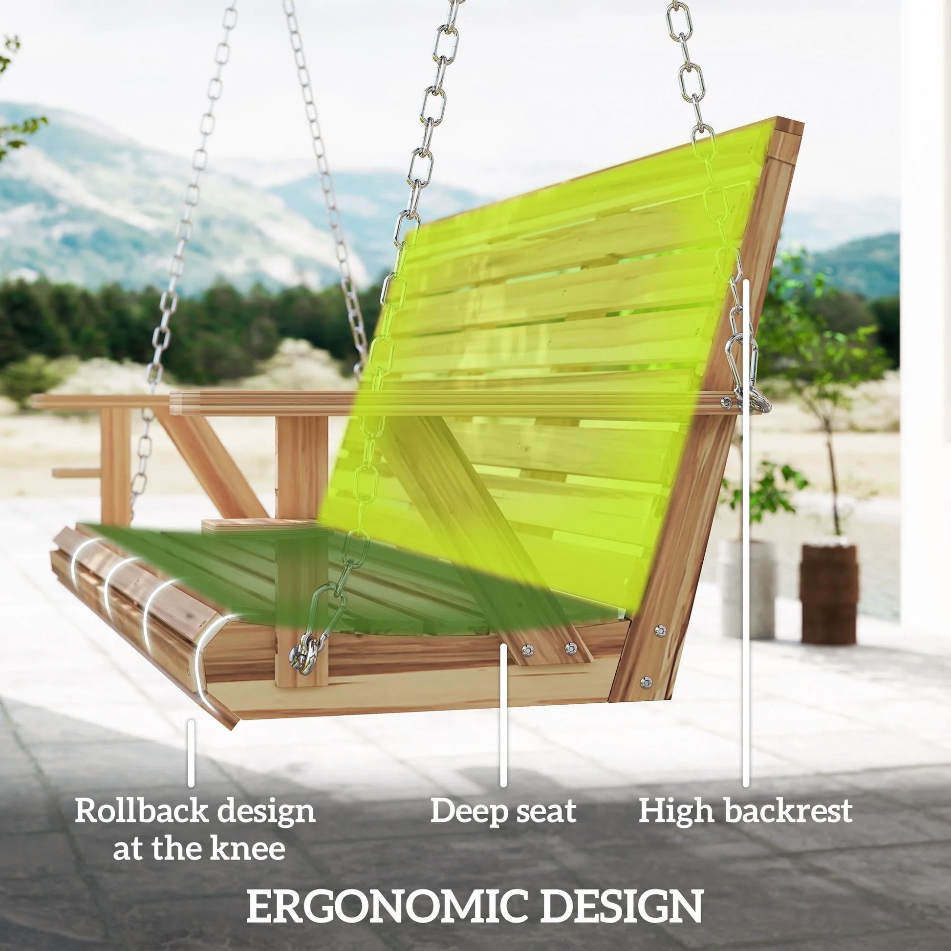 Outsunny Wooden Porch Swing 3-Seater, 5 FT Outdoor Patio Swing Bench with Cupholders, Nature Wood