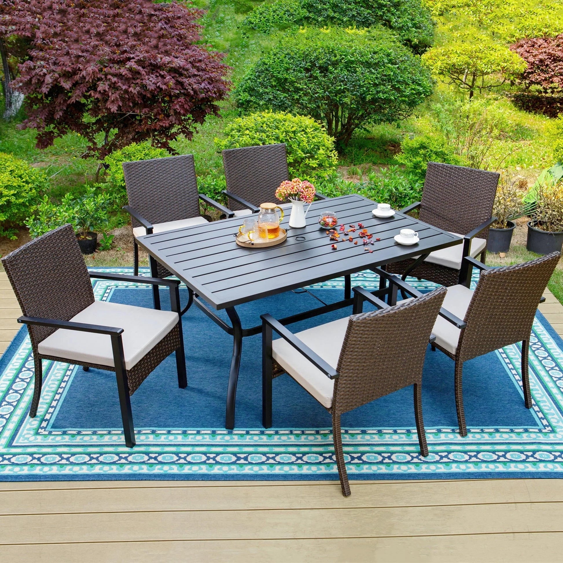 MF Studio 7-Piece Outdoor Patio Dining Set with 6 PCS Rattan Cushioned Armchairs& 1 PC Rectangle Table, Dark Brown