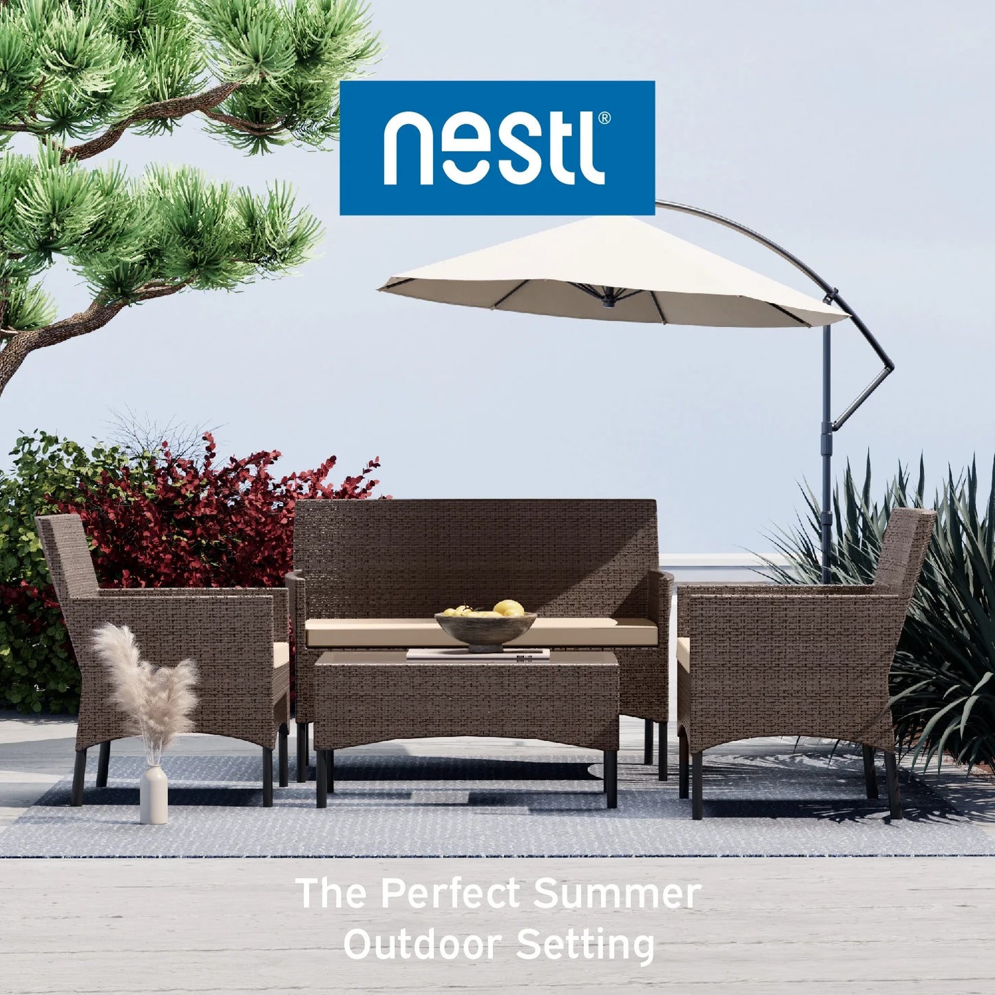 Nestl 4-Piece Outdoor Patio Furniture Set, Wicker Patio Conversation Set, Black/Beige