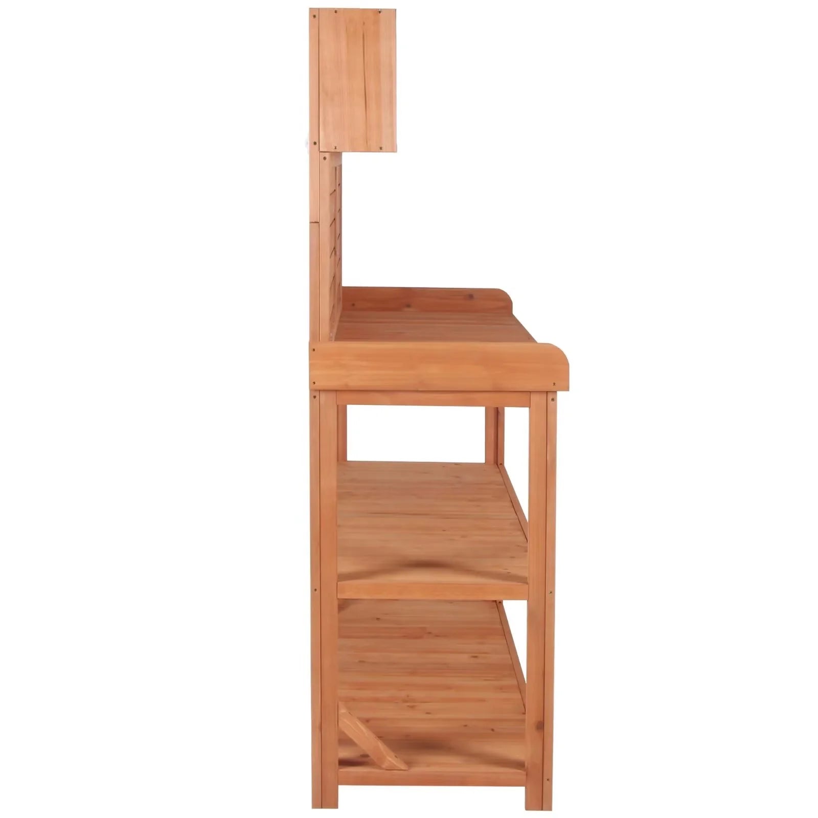 65" Outdoor Potting Bench Table, Farmhouse Wooden Garden Patio Workstation with 4 Storage Shelves and 3 Side Hooks, Multifunctional Potting Planting Table for Mudroom, Backyard, Natural