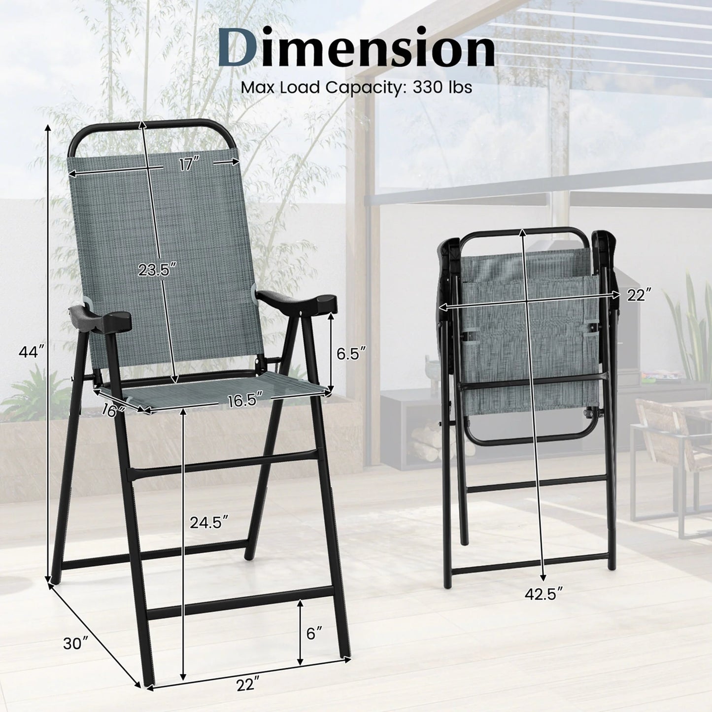 Costway 2 PCS Patio Bar Chair Folding Bar Height Metal Frame with Footrest Garden Blue