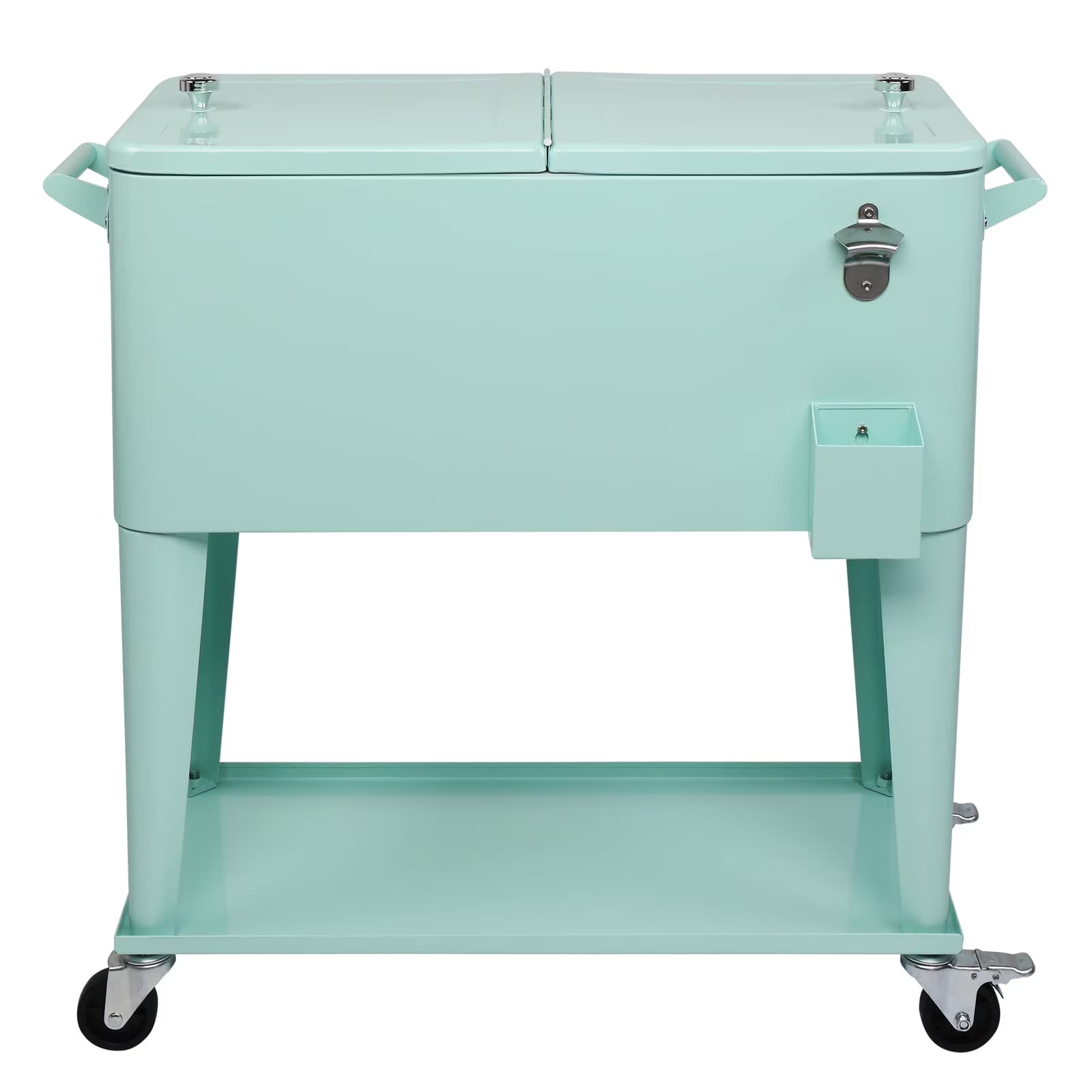 BNSPLY 80 Quart Outdoor Cooler Cart Rolling Ice Chest Cooler Cart, Portable Patio Cooler with Bottle Opener, Handles and Drainage, Standing Cooler for Patio Party, Camping and BBQ, Mint Green