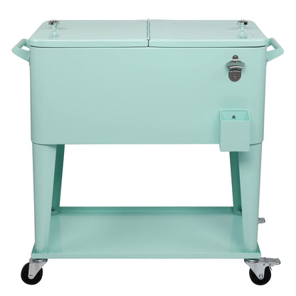 BNSPLY 80 Quart Outdoor Cooler Cart Rolling Ice Chest Cooler Cart, Portable Patio Cooler with Bottle Opener, Handles and Drainage, Standing Cooler for Patio Party, Camping and BBQ, Mint Green