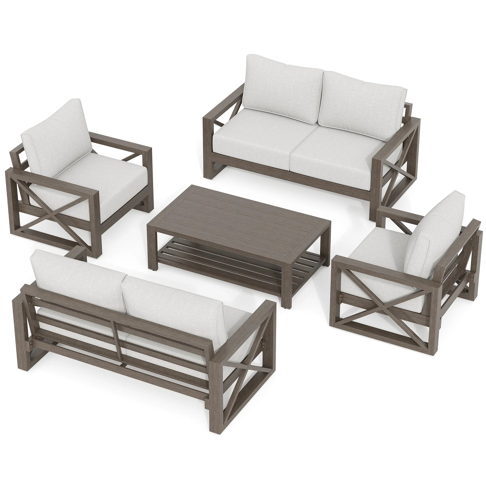 MRUAKA 5 Piece Aluminum Patio Furniture Set Faux Wood Grain Modern Outdoor Furniture Set with 6" Olefin Fabric Cushions and Coffee Table, 600D Waterproof Cover Included, Dark Grey