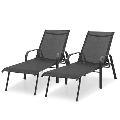 MoNiBloom 2Pcs Outdoor Patio Lounge Chairs with Adjustable Backrest, Pool Recliner Lounge Chaise with Armrest for Beach Backyard Garden, Black