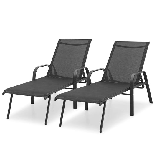 MoNiBloom 2Pcs Outdoor Patio Lounge Chairs with Adjustable Backrest, Pool Recliner Lounge Chaise with Armrest for Beach Backyard Garden, Black