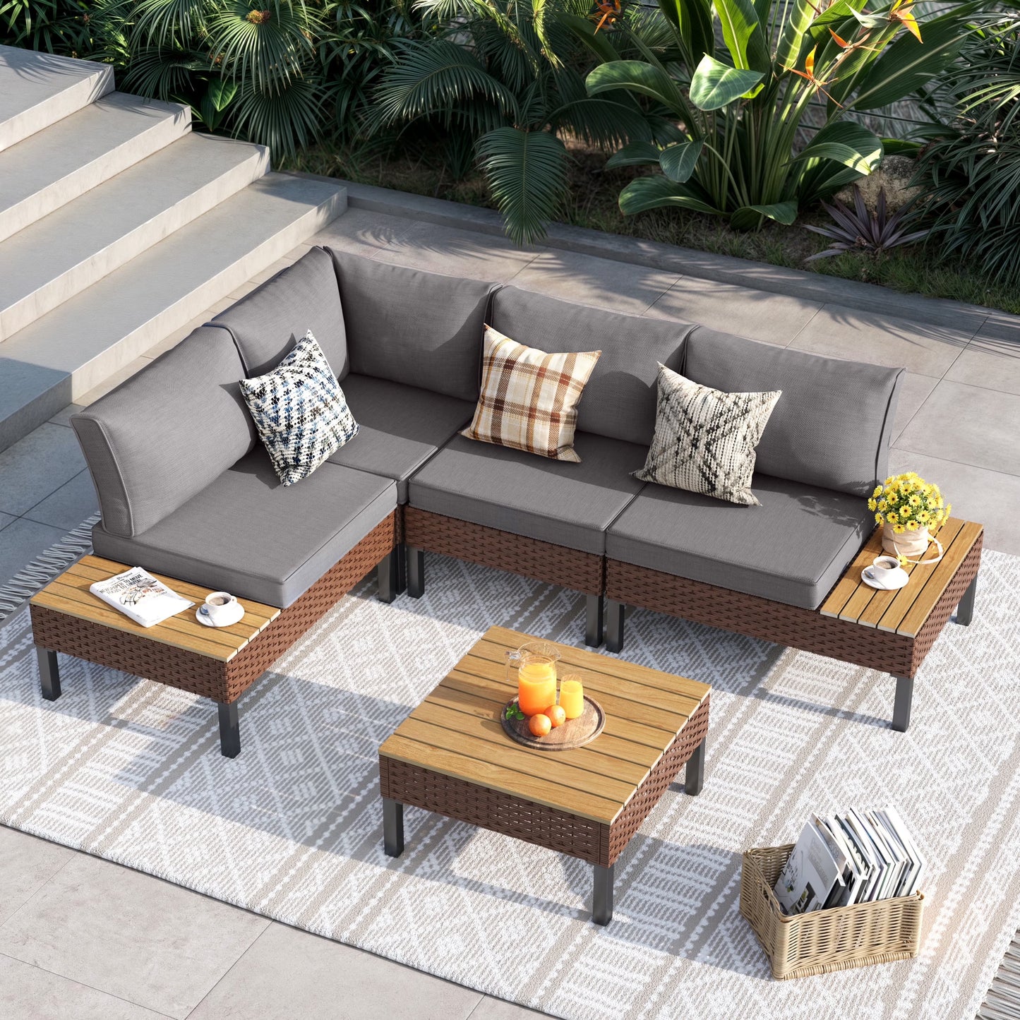 ELPOSUN L Shaped Conversation Sectional Sofa Set with Coffee Table, 5 Pieces Patio Furniture Seating Group with Side Table for Backyard Garden, Beige Grey