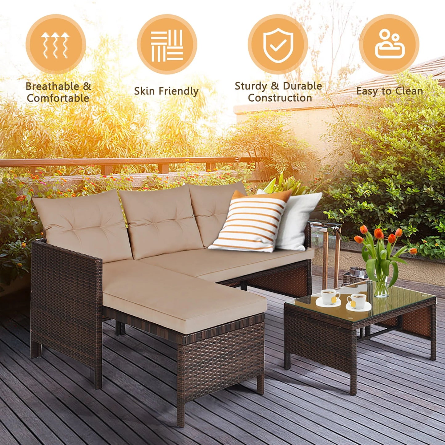 Costway 3PCS Patio Wicker Rattan Sofa Set Outdoor Sectional Conversation Set Garden Lawn Brown