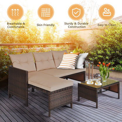 Costway 3PCS Patio Wicker Rattan Sofa Set Outdoor Sectional Conversation Set Garden Lawn Brown