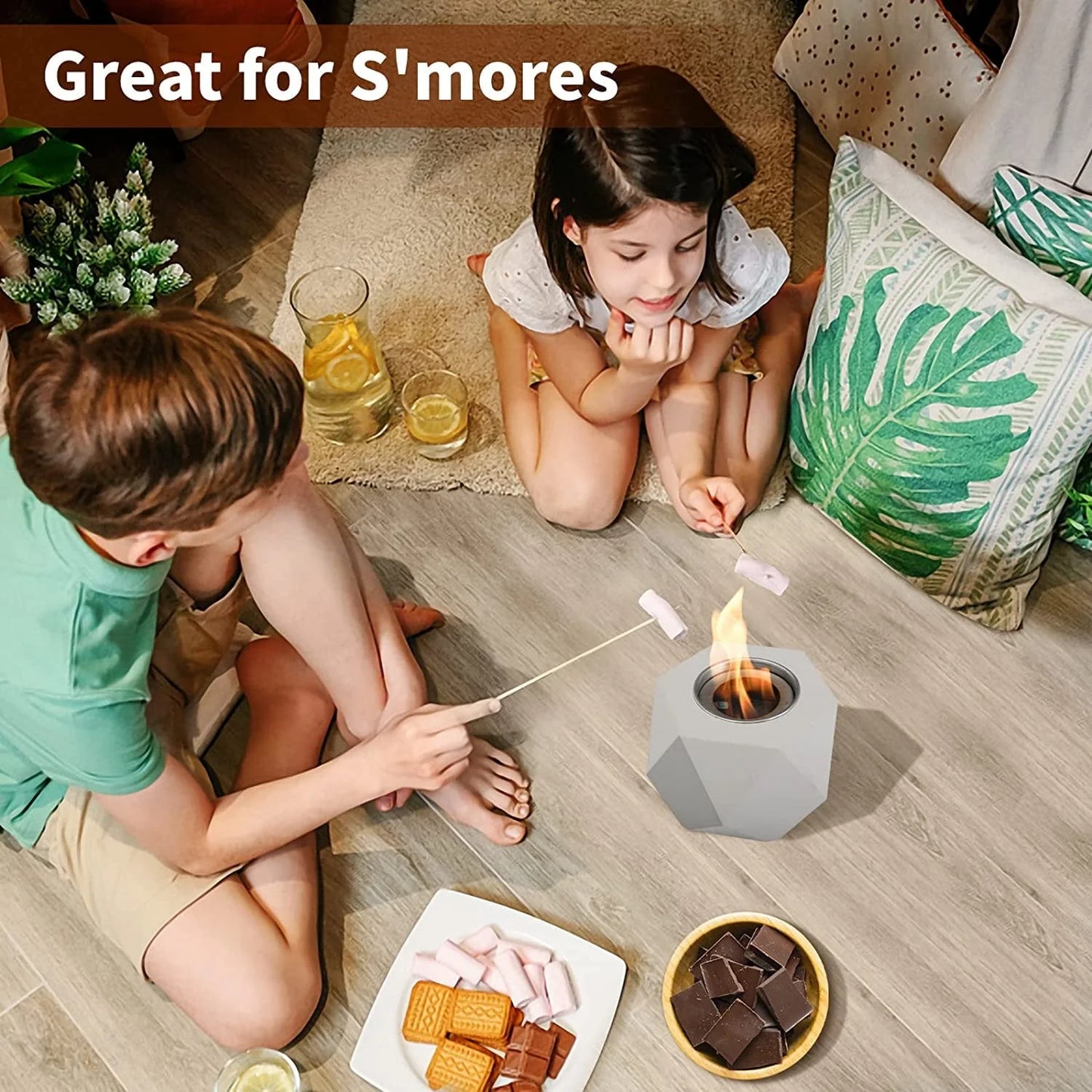 Table Top Fire Pit, GAITON Portable Concrete Mini Fire Pit Bowl Tabletop Smores Maker Alcohol Fireplace with Lid for Patio Backyard