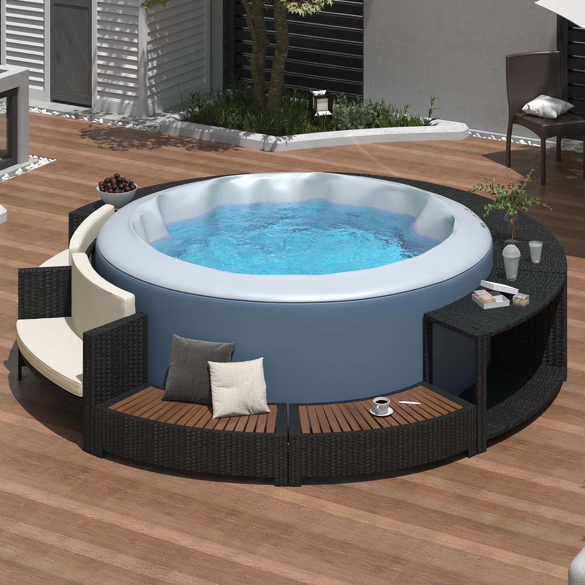 Round Hot Tub Surround Furniture, Spa Surround Outdoor Rattan Sectional Sofa Set with Mini Sofa, Solid Acacia Wood Hot Tub Storage Surround Patio Furniture Set, Gray Cushion
