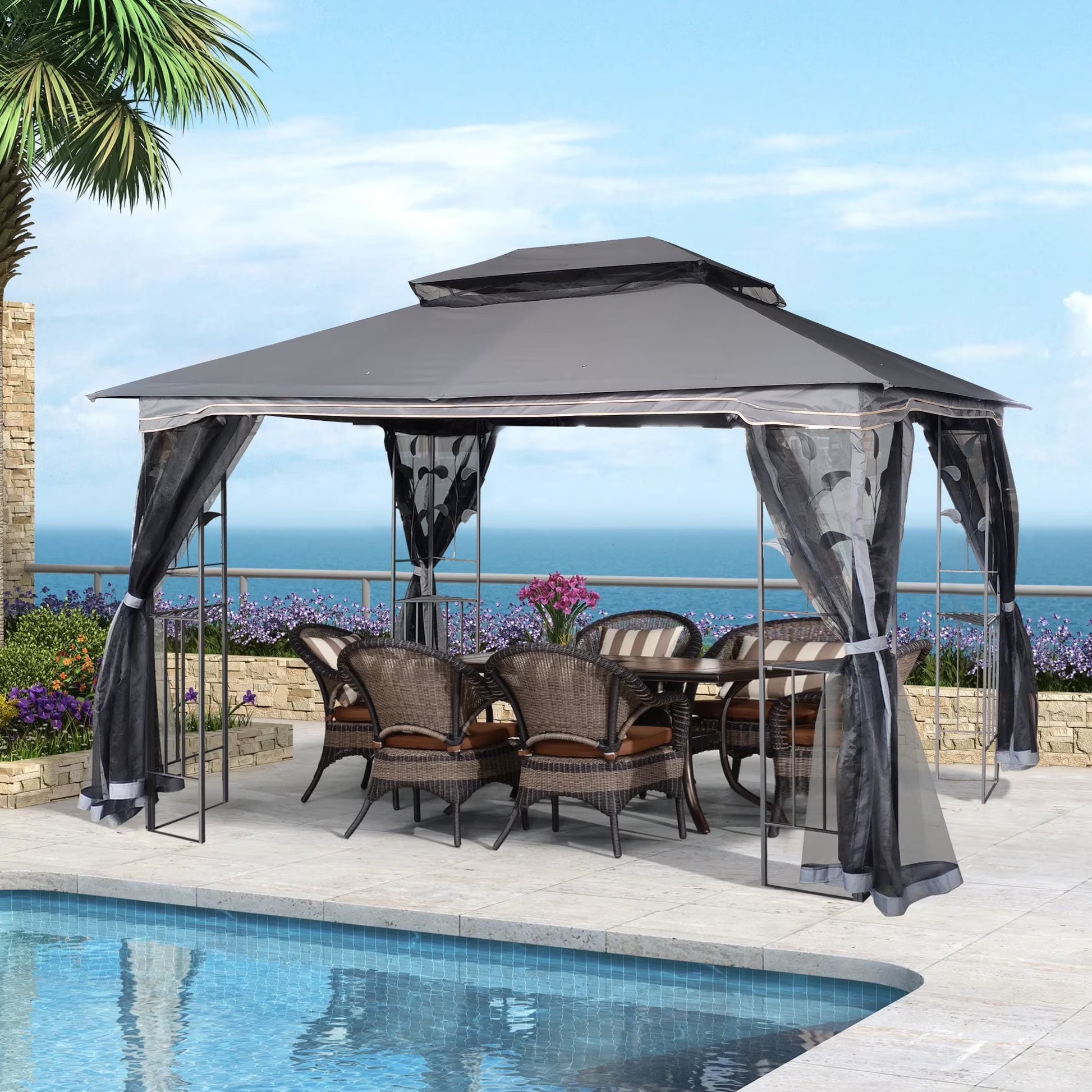 Perfect Garden 13x10ft Patio Gazebo, Metal Frame with Double Roof and Mosquito Net, Brown