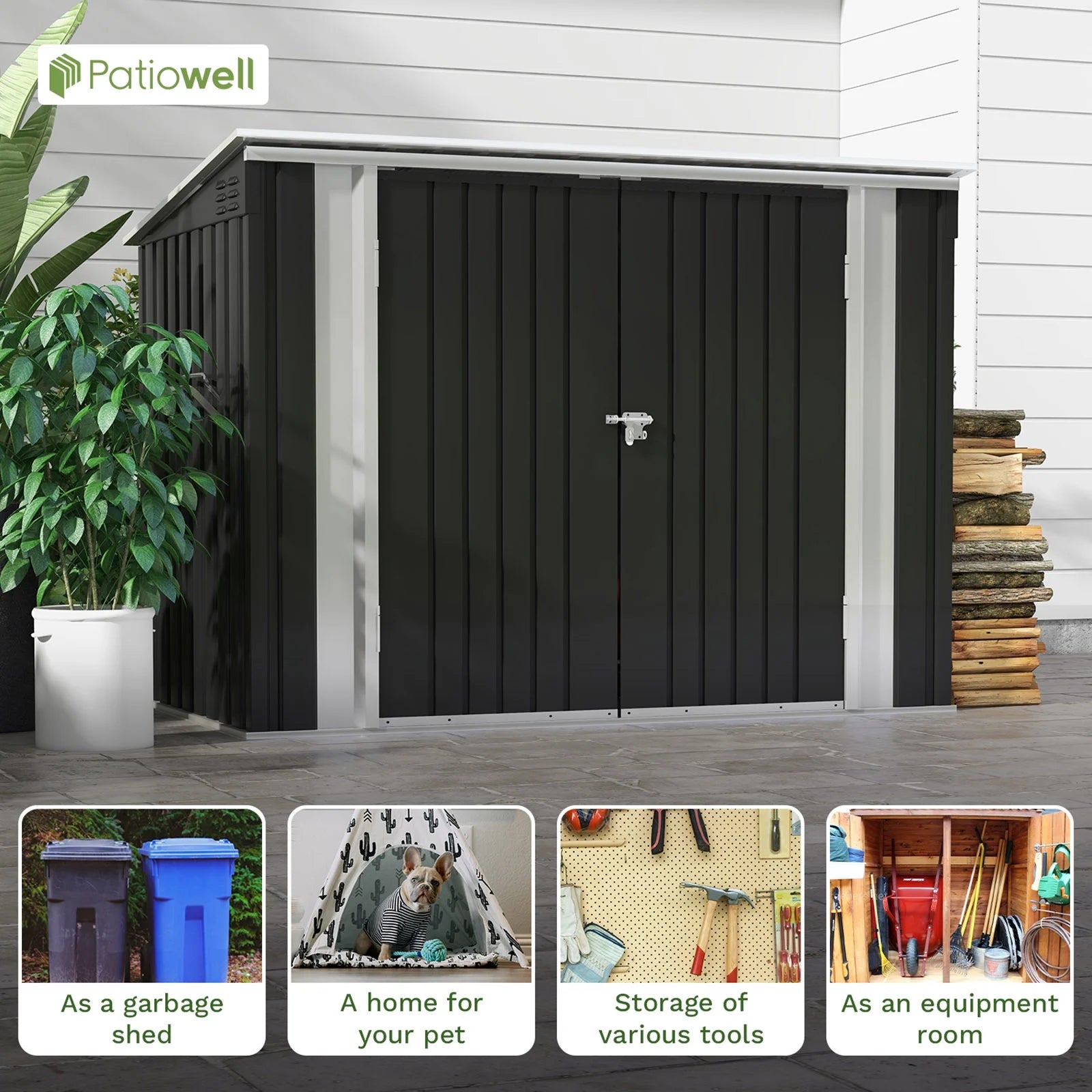 Patiowell 6' x 3' Horizontal Metal Shed, Outdoor Storage Black Trash Shed with Double Lockable Doors, Easy Lift Hinges and Sloping Roof