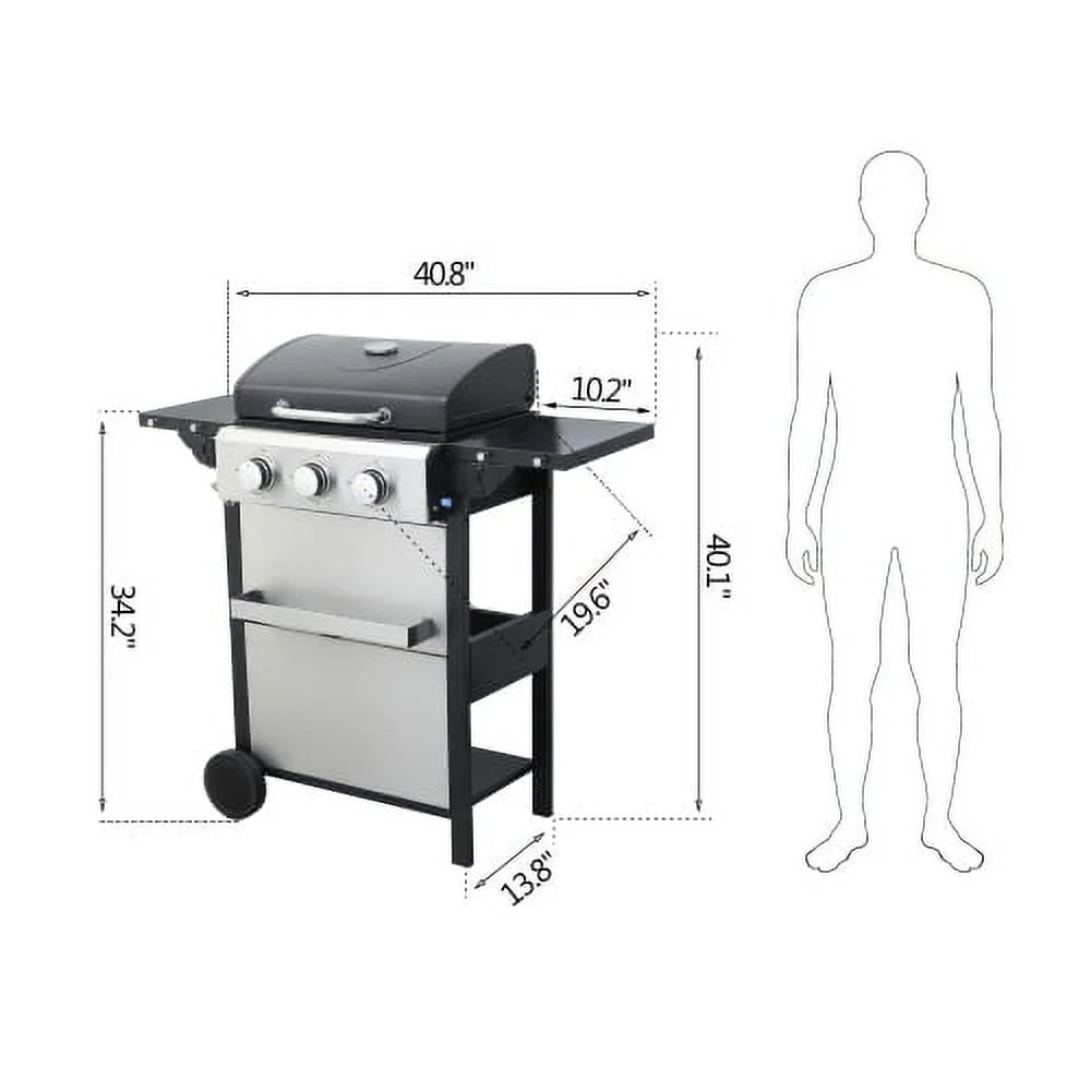 Yiweny 3 Burner BBQ Propane Gas Grill, Stainless Steel 25650 BTU Patio Garden Barbecue Grill with Bottle Opener, Two Foldable Side Shelves & Thermometer, Perfect for Camping, Outdoor Cooking.