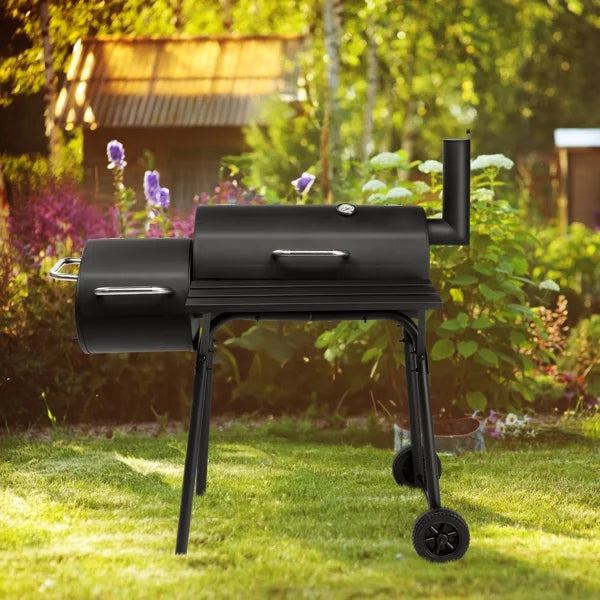 Barrel Charcoal Grill with Offset Smoker, Heavy-Duty Metal, Large Cooking Area, Mobile with Wheels for Backyard/Patio Gatherings