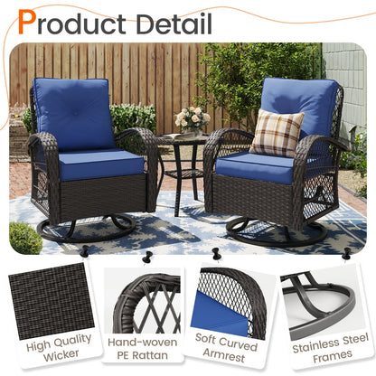MRUAKA 3 Pieces Patio Furniture Set, Outdoor Swivel Gliders Rocker, Wicker Patio Bistro Set with Rattan Rocking Chair, Glass Top Side Table and Thickened Cushions (Khaki)