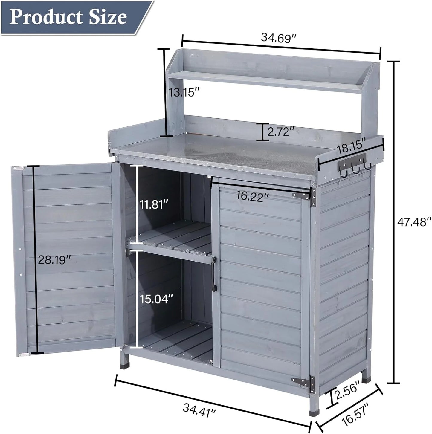 Litake Outdoor Potting Bench Table Storage Cabinet, Wooden Planting Workstation with Storage Shelf & Galvanized Tabletop, Planting Table Garden Work Bench with Cover for Garden, Patio, Greenhouse