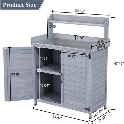 Litake Outdoor Potting Bench Table Storage Cabinet, Wooden Planting Workstation with Storage Shelf & Galvanized Tabletop, Planting Table Garden Work Bench with Cover for Garden, Patio, Greenhouse