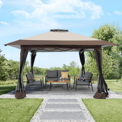 JOIVI 13'x13?Patio Gazebo, Outdoor Pop up Gazebo, Canopy Gazebo Tent Shelter with Mosquito Netting, Beige & Brown