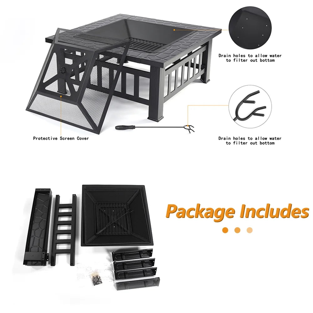 Wood Burning Fire Pits for Outside, 32" Square Iron Fire Pit Backyard Patio Garden Stove Wood Burning Fire Pit w/Mesh Screen Lid, Wood Grate, Poker, Durable Fire Pit, Q5946