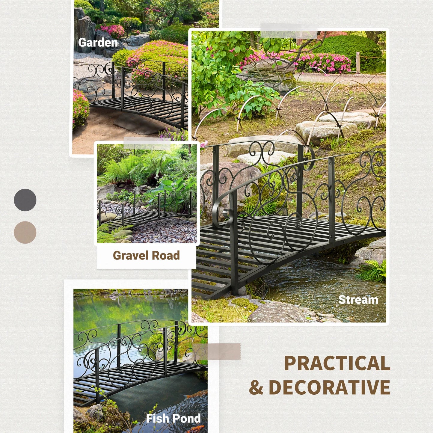 JWRWEF 6FT Garden Bridge with Safety Rails, Decorative Outdoor Steel Pond Bridge, Vine Pattern Handrails for Backyard, Walkway, Yard, Patio, Water Feature