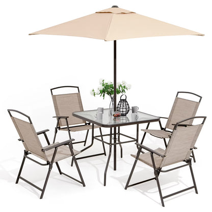 Pellebant 6 Pcs Metal & Glass Patio Dinning Set and Umbrella in Beige