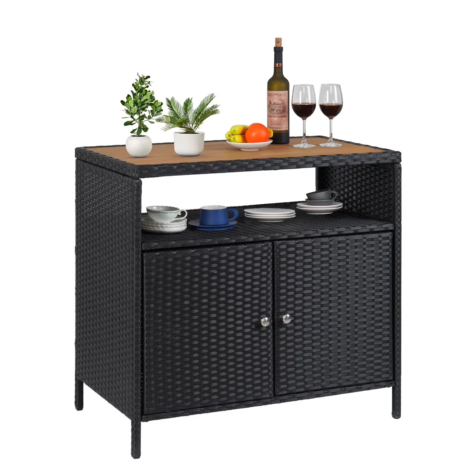 Litake Outdoor Wicker Storage Cabinet All Weather Resin Patio Bar Table, Black and Brown
