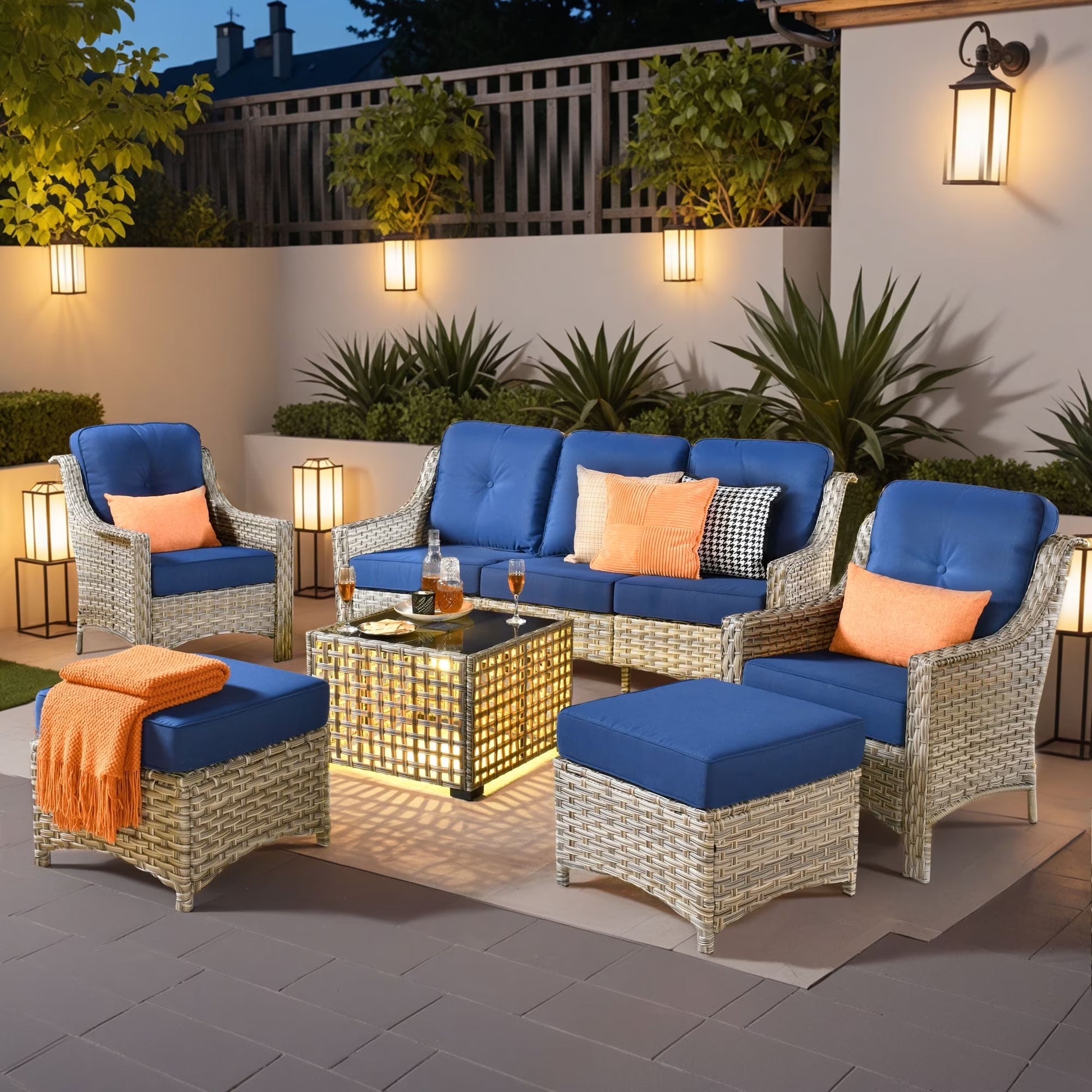 Ovios 6 Pieces Outdoor Furniture Set High Back All-Weather Wicker Patio Conversation Set with Ottomans & Solar Light Coffee Table, Diamond Blue