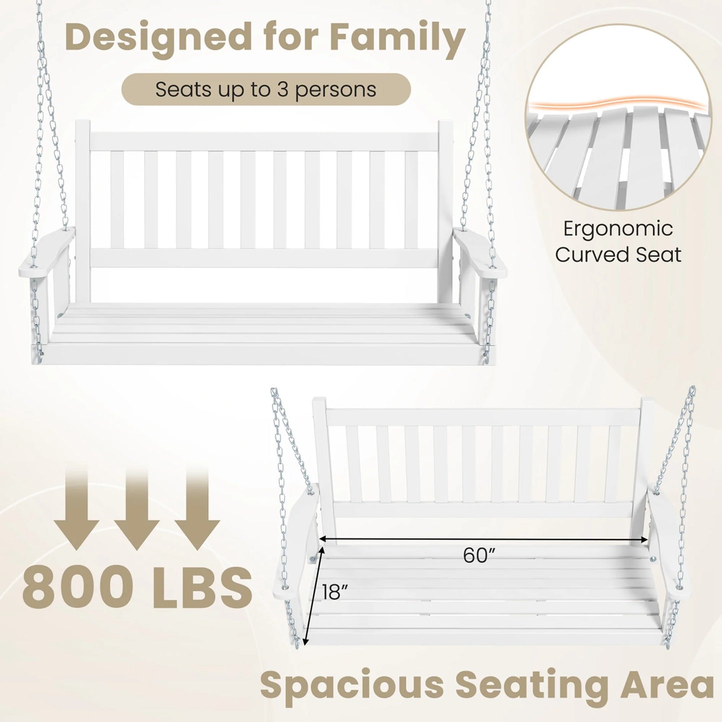 Costway 3-Person Wooden Outdoor Porch Swing Heavy Duty Patio Hanging Bench Chair White