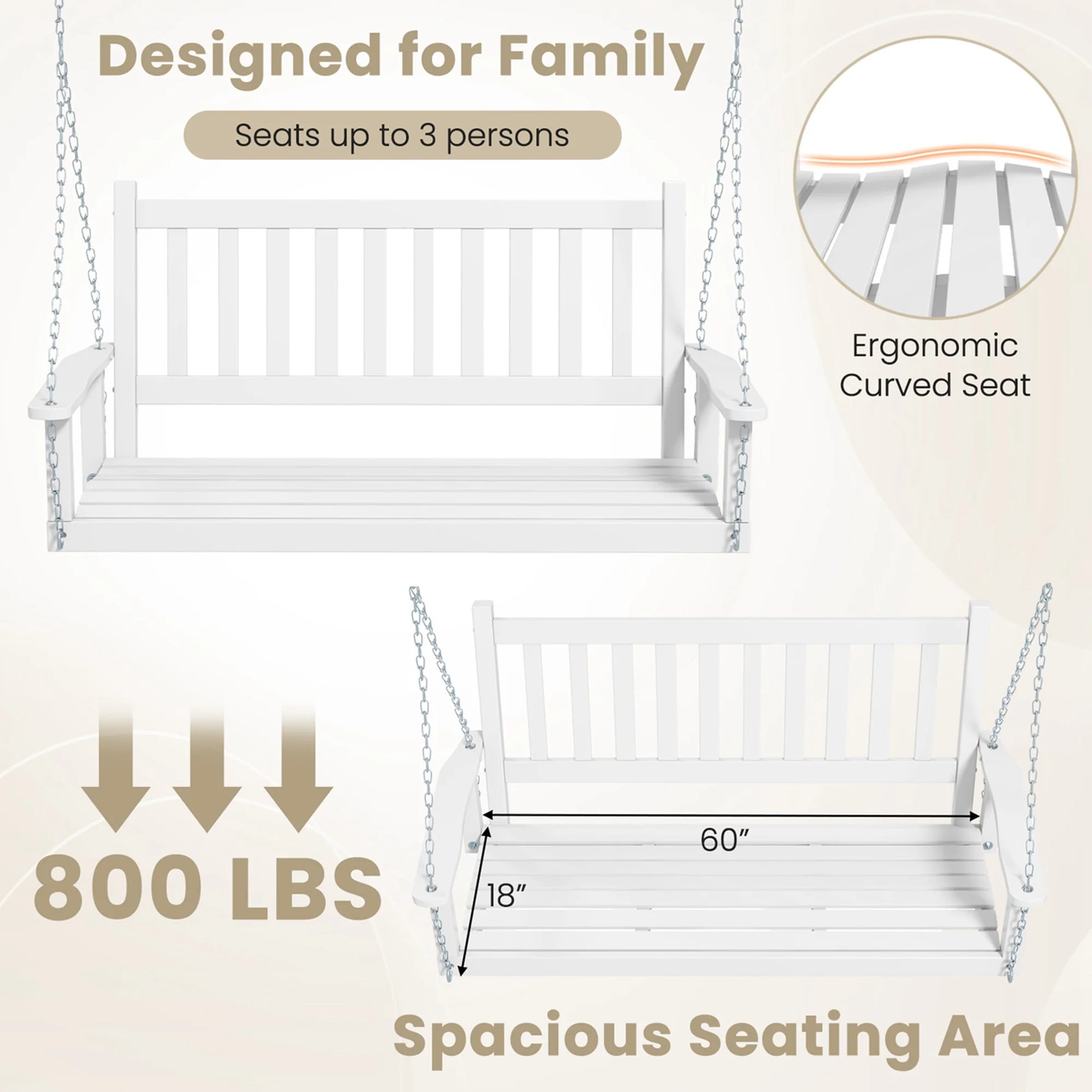 Costway 3-Person Wooden Outdoor Porch Swing Heavy Duty Patio Hanging Bench Chair White