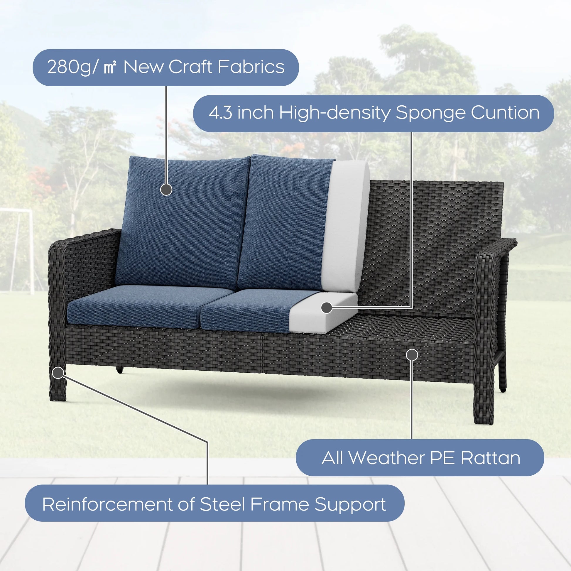 Brafab 7 Seat Outdoor Patio Furniture Set with 44" Gas Fire Pit Table, PE Wicker Patio Conversation Sets Cushioned Seat Couch Outdoor Sectional Chair Sofa Set for Yard Garden Porch