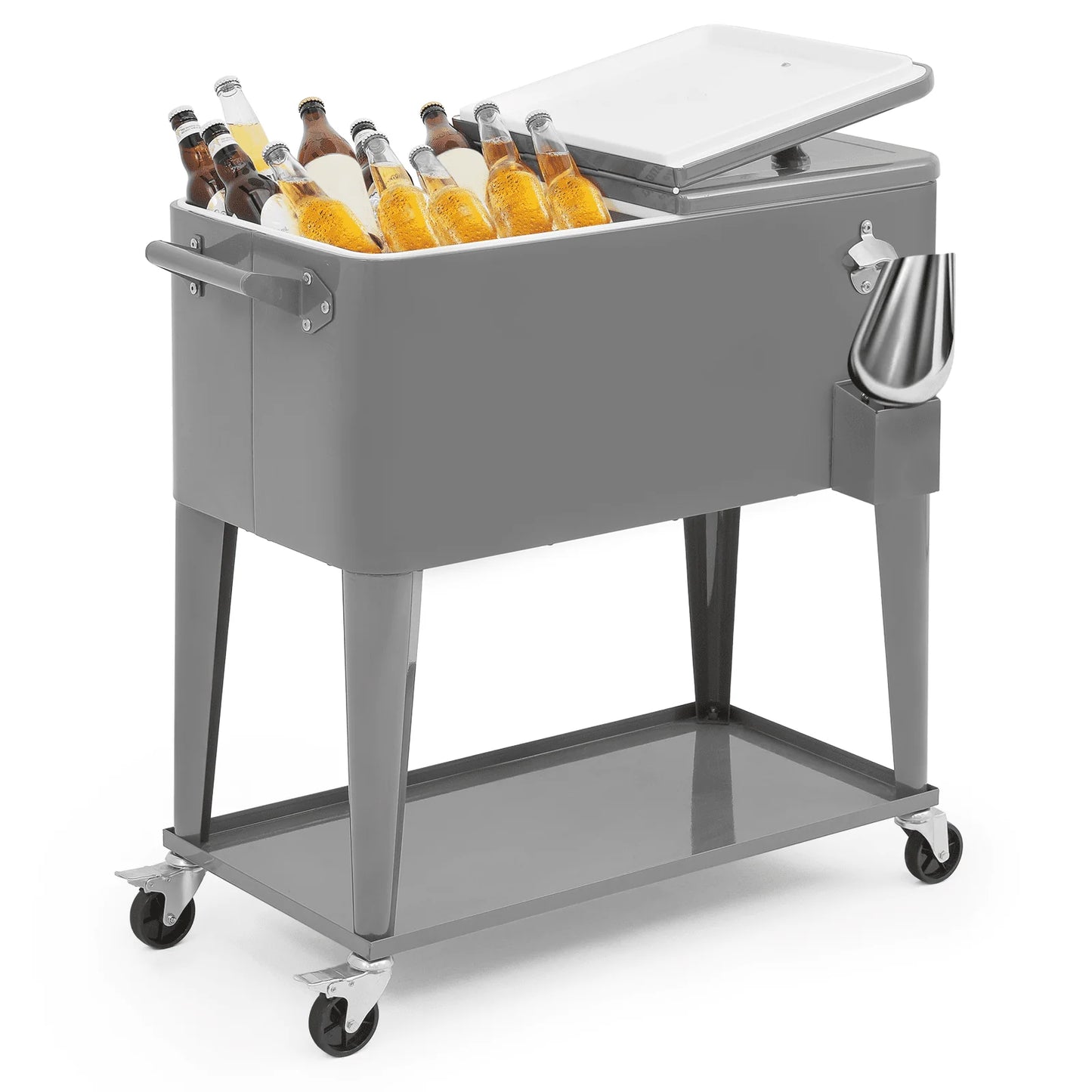 MADOG 80 Quart Rolling Cooler Ice Chest for Outdoor Patio Deck Party, Bar Cold Drink Beverage Cart Tub, Backyard Cooler Trolley on Wheels with Ice Scoop, Catch Tray & Bottle Opener, Pink