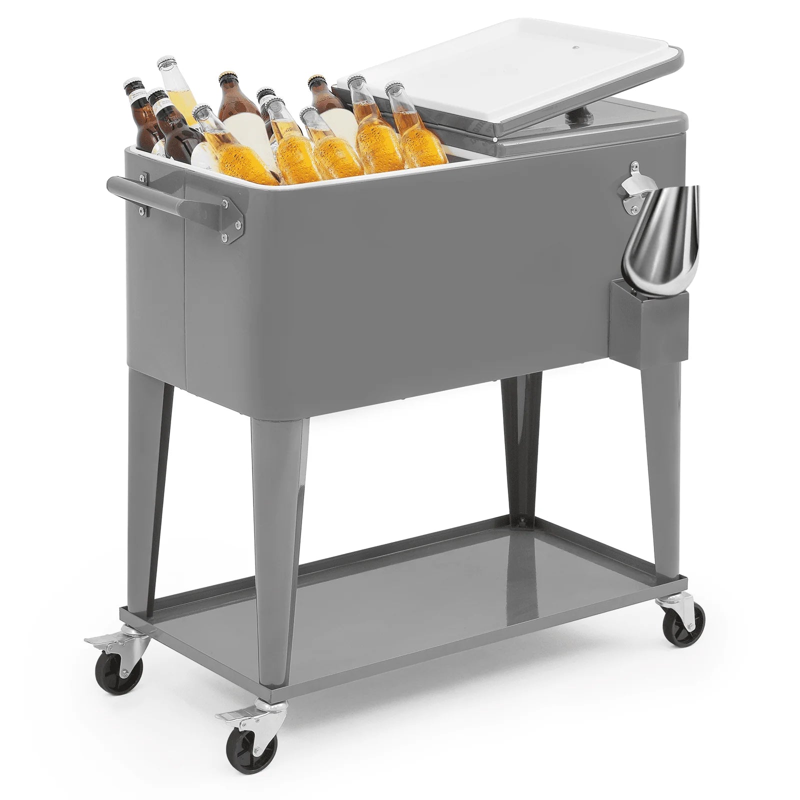 MADOG 80 Quart Rolling Cooler Ice Chest for Outdoor Patio Deck Party, Bar Cold Drink Beverage Cart Tub, Backyard Cooler Trolley on Wheels with Ice Scoop, Catch Tray & Bottle Opener, Pink