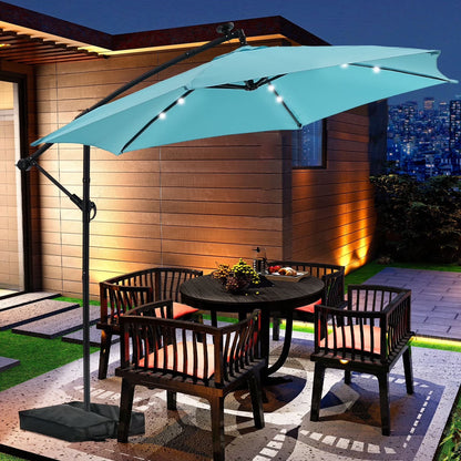 Ainfox 10ft Cantilever Patio Umbrella with Lights, Offset Market Umbrella with Sandbags Weighted Base and Cross Base,Khaki