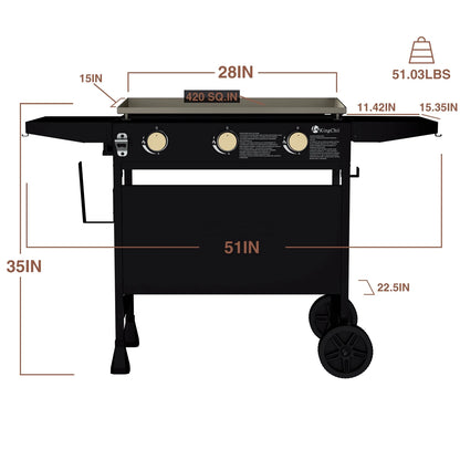 KingChii 3-Burner 28" Propane Griddles Outdoor Flat Top Gas Grill Griddle for Camping, Tailgating, BBQ, Parties, Backyard & Patio