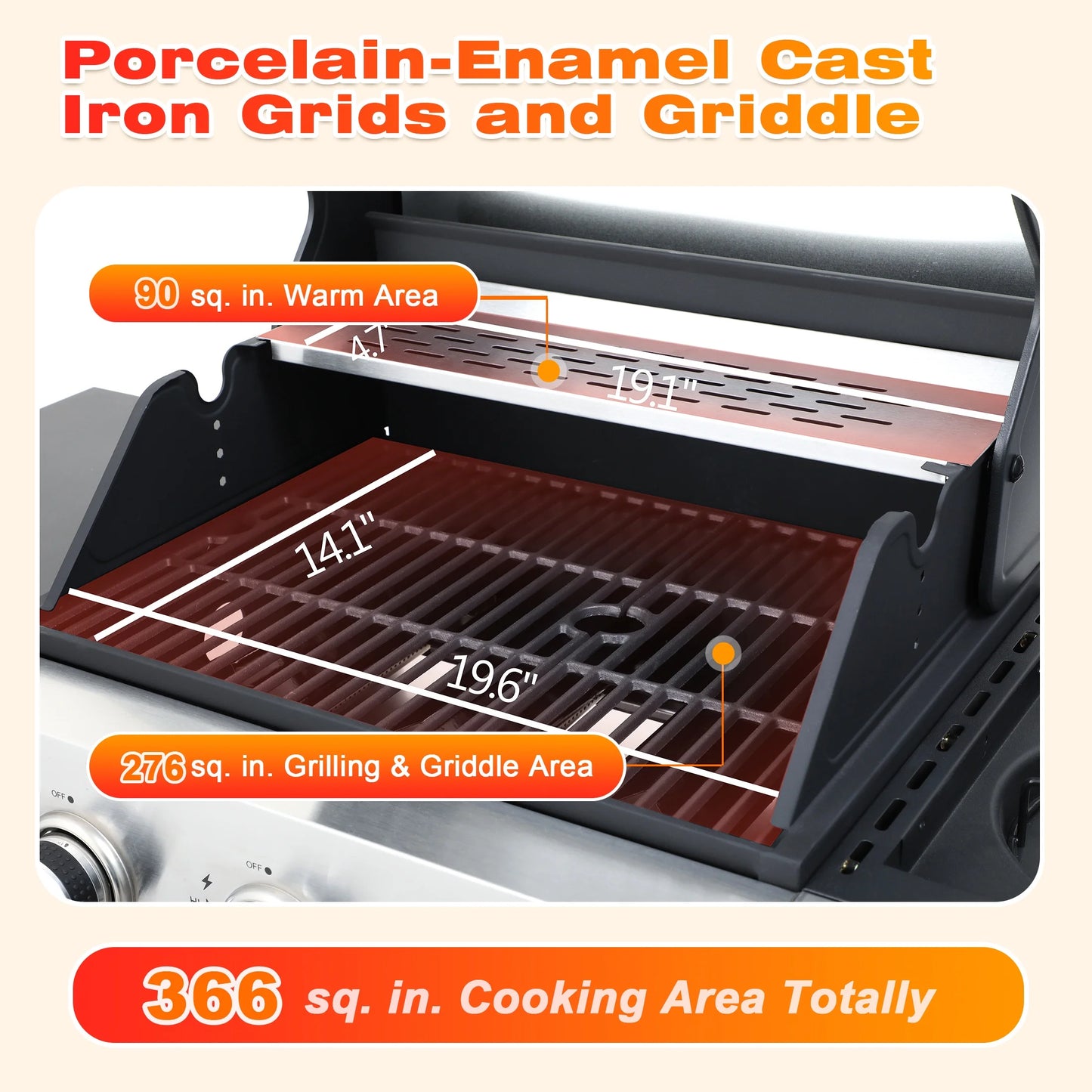 3-Burner Gas Grill with Side Burner, 37230 BTU Propane BBQ Grill with Porcelain-Enameled Cast Iron Grates, Build in Thermometer, Ideal for Patio Camping Outdoor Cooking