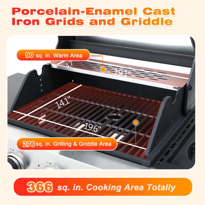 3-Burner Gas Grill with Side Burner, 37230 BTU Propane BBQ Grill with Porcelain-Enameled Cast Iron Grates, Build in Thermometer, Ideal for Patio Camping Outdoor Cooking